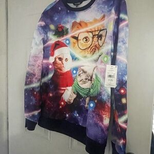 Festive Cat Graphic Crewneck Sweater - Purple Galaxy Print George